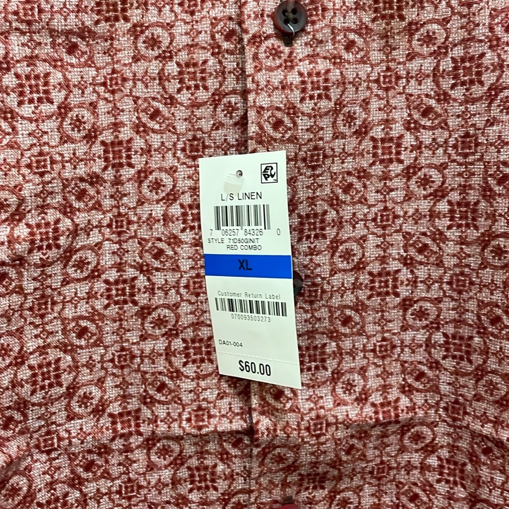 TASSO ELBA.NWT. Men’s XL long sleeve red combo shirt. 55%Linen 45%Cotton